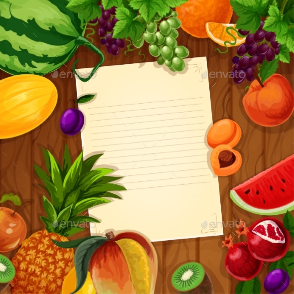 Fruits with Blank Paper on Wooden Background - Food Objects