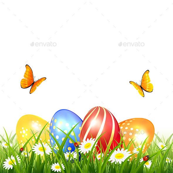 Butterflies Flying over Easter Eggs on Grass - Miscellaneous Seasons/Holidays