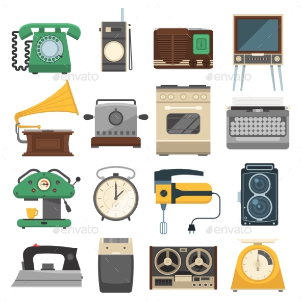 Retro Vintage Household Appliances Vector Set - Man-made Objects Objects