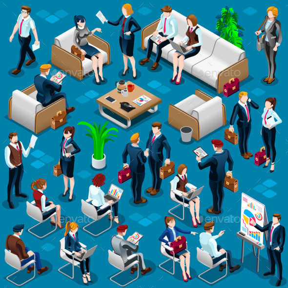 Isometric People Meeting Staff 3D Icon Set Vector Illustration - People Characters