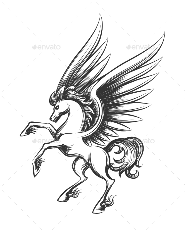 Winged Horse Engraving Illustration - Animals Characters