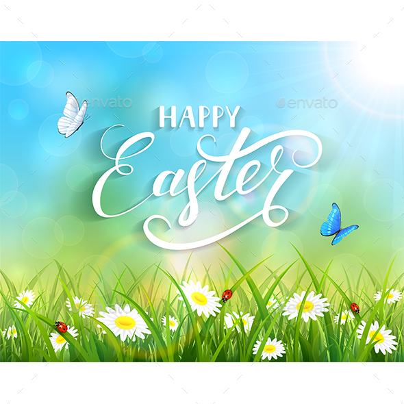 Happy Easter and Butterflies Flying over Flowers - Miscellaneous Seasons/Holidays