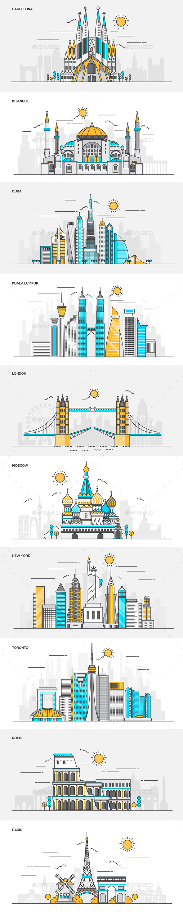 Set of Flat Line Color Banners of World Cities - Buildings Objects