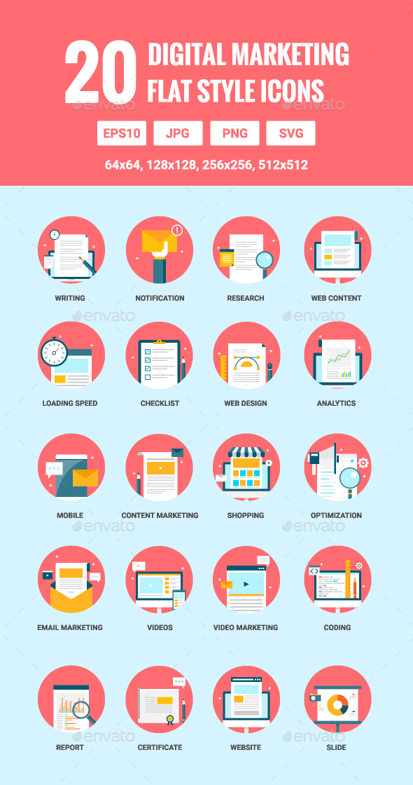 20 Flat Digital Marketing Icons - Web Icons