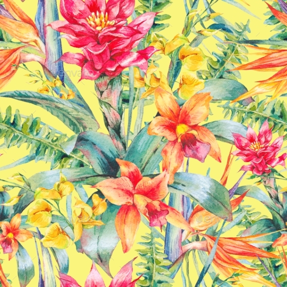 Watercolor Vintage Floral Tropical Seamless - Backgrounds Decorative