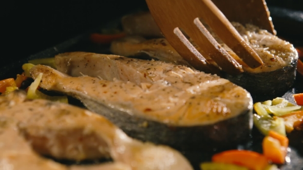 Grilled Salmon Steaks in Cast Iron Pan