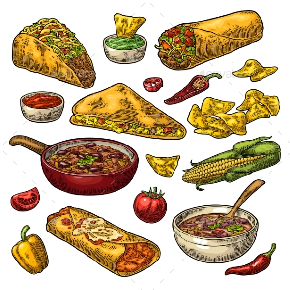 Mexican Traditional Food Set with Guacamole - Food Objects