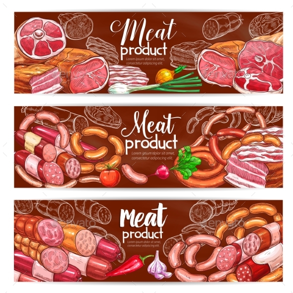 Butchery Meat and Sausages Products Vector Banners - Food Objects