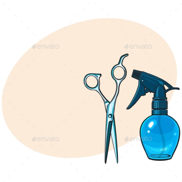 Plastic Hairdresser Spray Bottle and Professional Scissors - Man-made Objects Objects