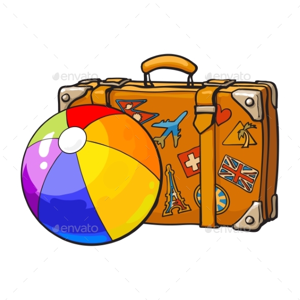 Travel Suitcase with Colorful Labels and Ball - Travel Conceptual