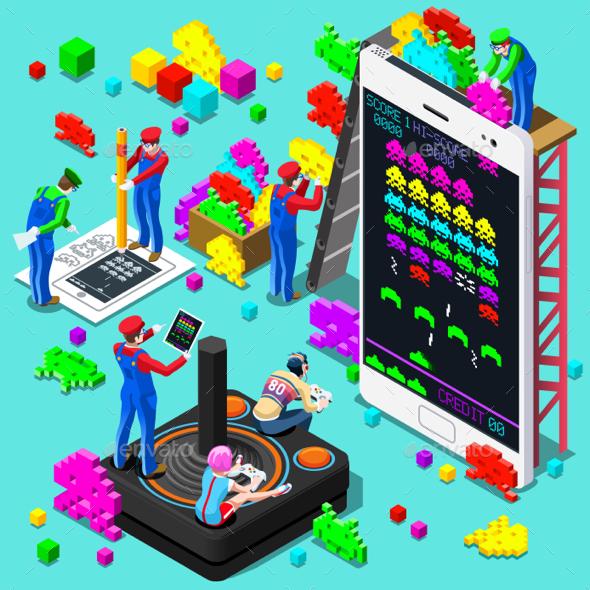 Retro Video Game Gaming Isometric People Vector Illustration - Computers Technology