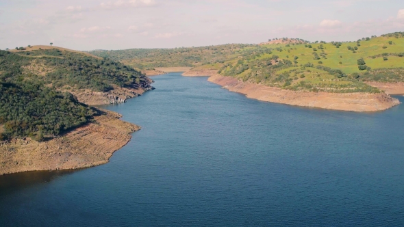 Aerial View Reservoir Near Dam