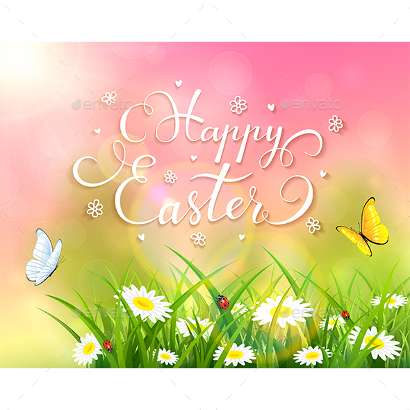Easter Theme with Grass and Flowers on Pink Background - Miscellaneous Seasons/Holidays