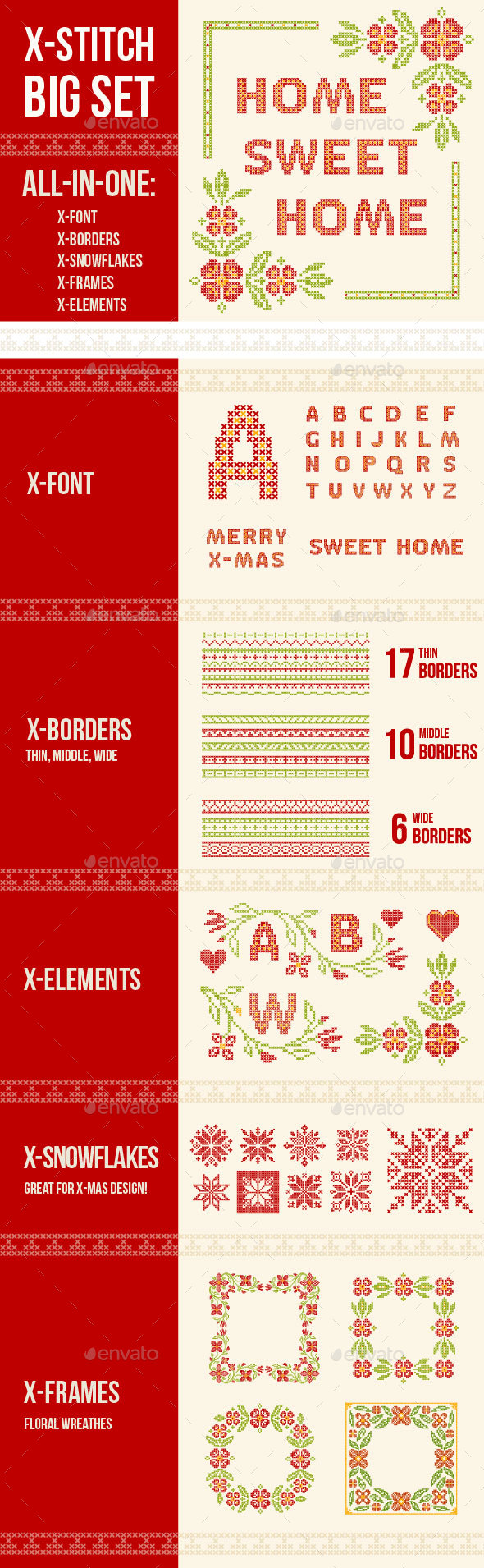 Cross-Stitch Design Elements Set - Decorative Symbols Decorative