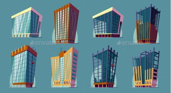 Set Vector Cartoon Illustration of an Urban Large - Buildings Objects