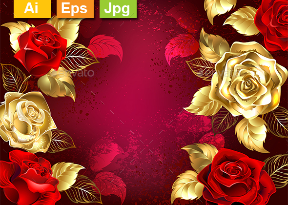 Red Background with Jewelry Roses - Borders Decorative