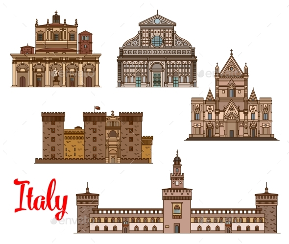 Italian Architecture Travel Landmarks Icon Set - Buildings Objects
