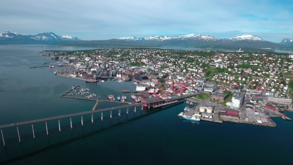 Bridge of City Tromso, Norway Aerial Footage alt