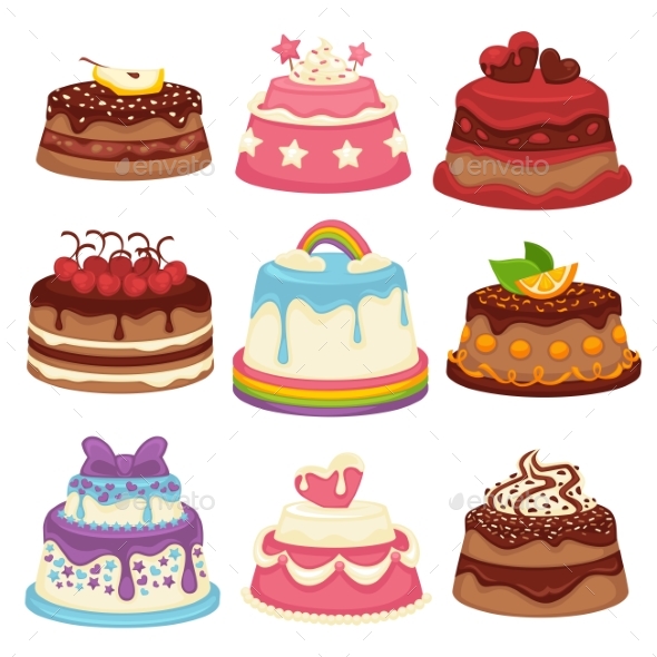 Decorated Sweet Festival Cakes Collection Isolated - Birthdays Seasons/Holidays