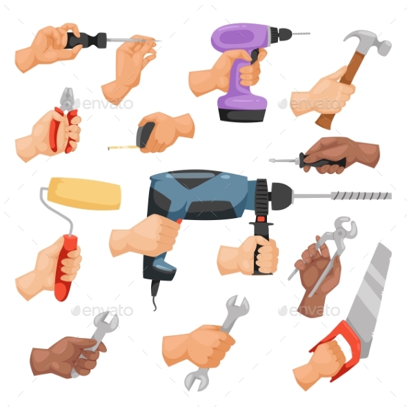 Hands with Construction Tools Vector Cartoon Style - Backgrounds Decorative