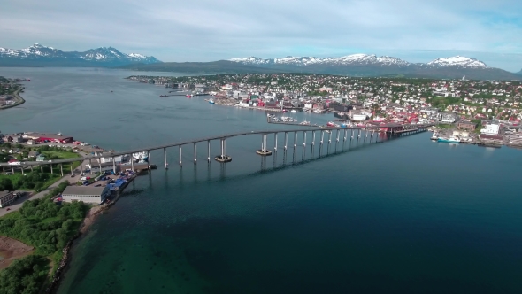 Bridge of City Tromso, Norway Aerial Footage alt