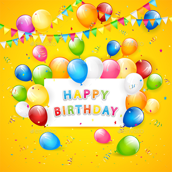 Birthday Balloons and Tinsel on Yellow Background by losw | GraphicRiver