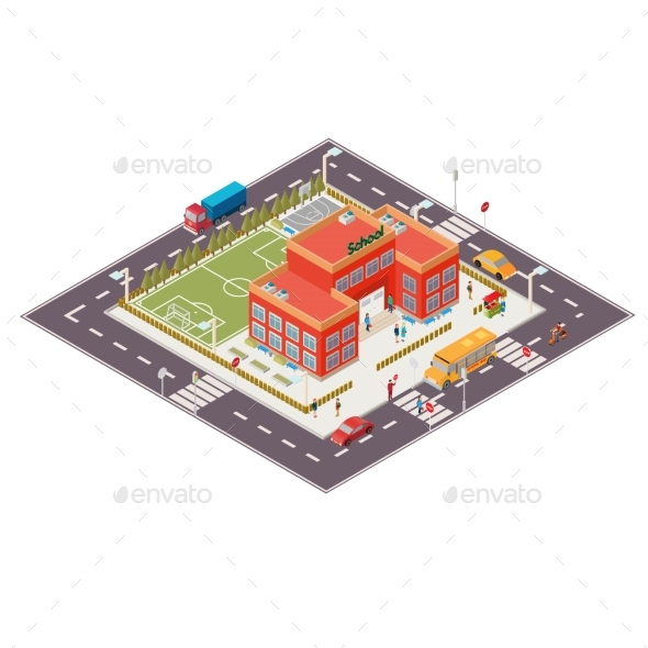 Vector Isometric Illustration of School Building - Buildings Objects
