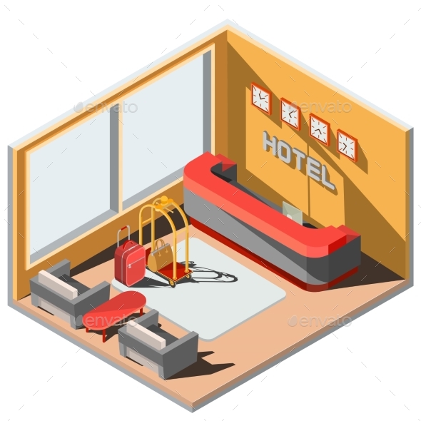 Vector 3D Isometric Illustration Interior of Hotel - Buildings Objects