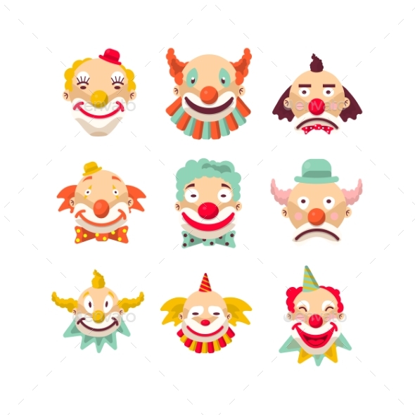 Clown Faces Vector Isolated Icons Set - Birthdays Seasons/Holidays