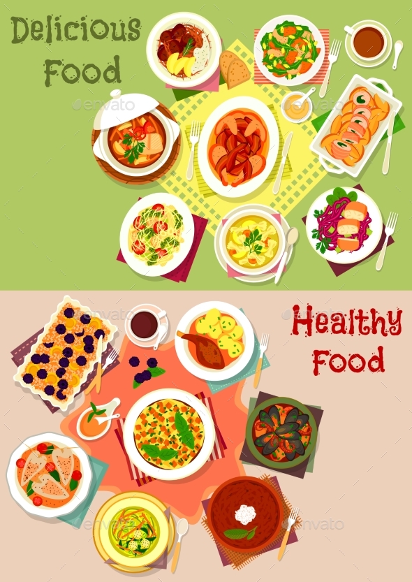 Dinner Dishes Top View Icon Set for Food Design - Food Objects