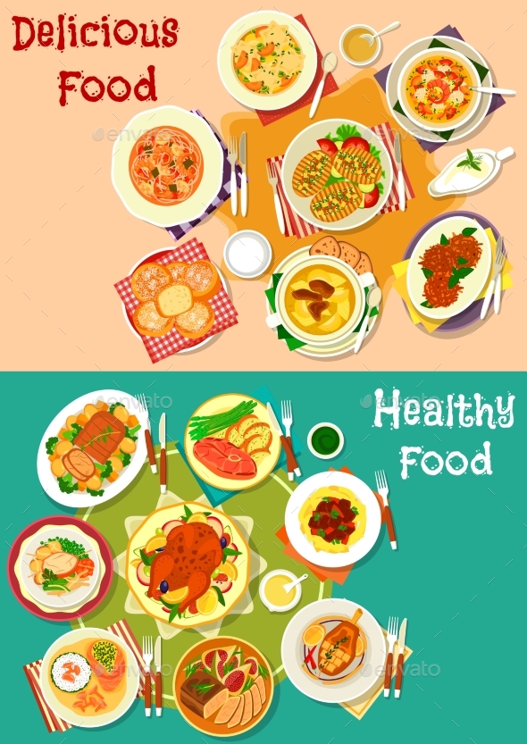 Meat, Soup, Potato Dishes Icon Set for Food Design - Food Objects