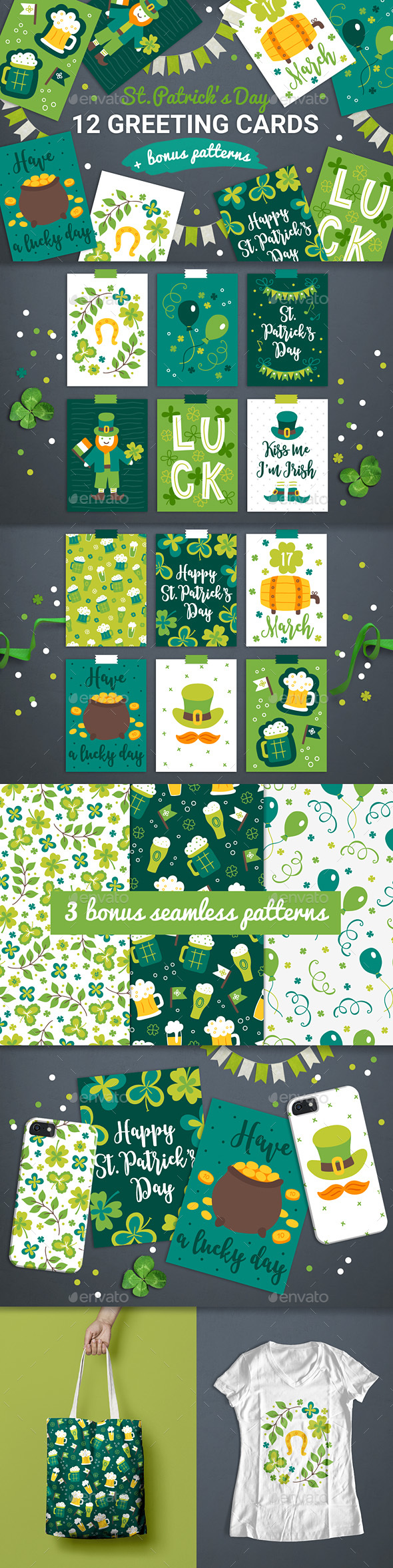 12 Patrick Cards + 3 Seamless Patterns - Miscellaneous Seasons/Holidays