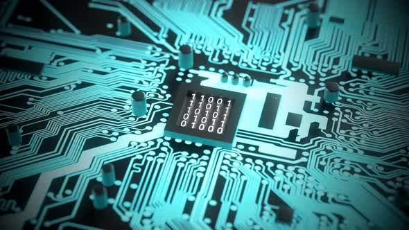 3D Glowing Motherboard AI Artificial intelligence. Computer brain with blue energy. Concept of machi