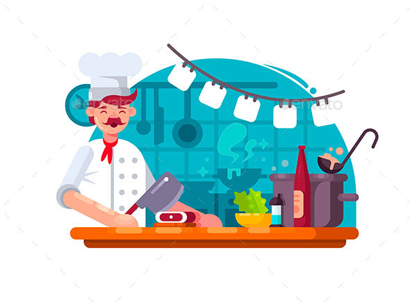 Chef in Kitchen Preparing Meat - People Characters