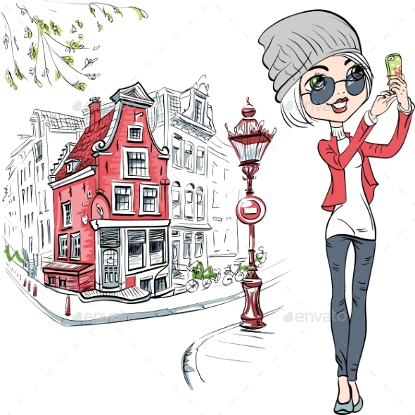 Girl Makes Selfie in Amsterdam - People Characters