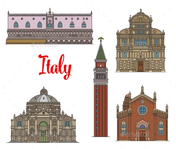 Italian Travel Landmarks of Venice Linear Icon Set - Buildings Objects