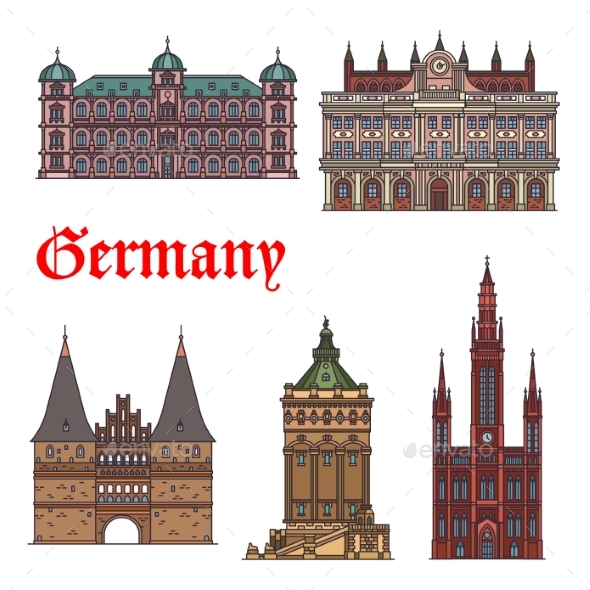 German Tourist Sight and Travel Landmark Icon Set - Buildings Objects