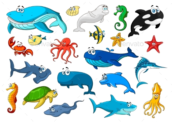 Marine Animal Isolated Cartoon Icon Set - Animals Characters