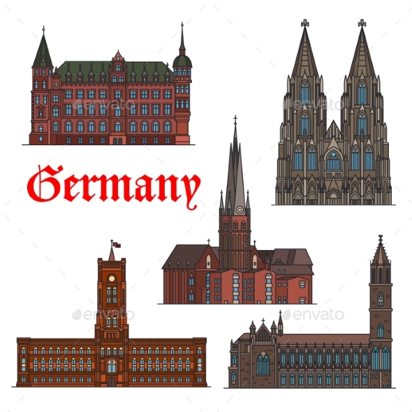 German Architectural Travel Landmark Icon Set - Buildings Objects