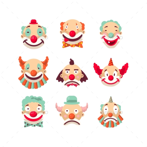 Clown Faces Vector Isolated Icons Set - Birthdays Seasons/Holidays