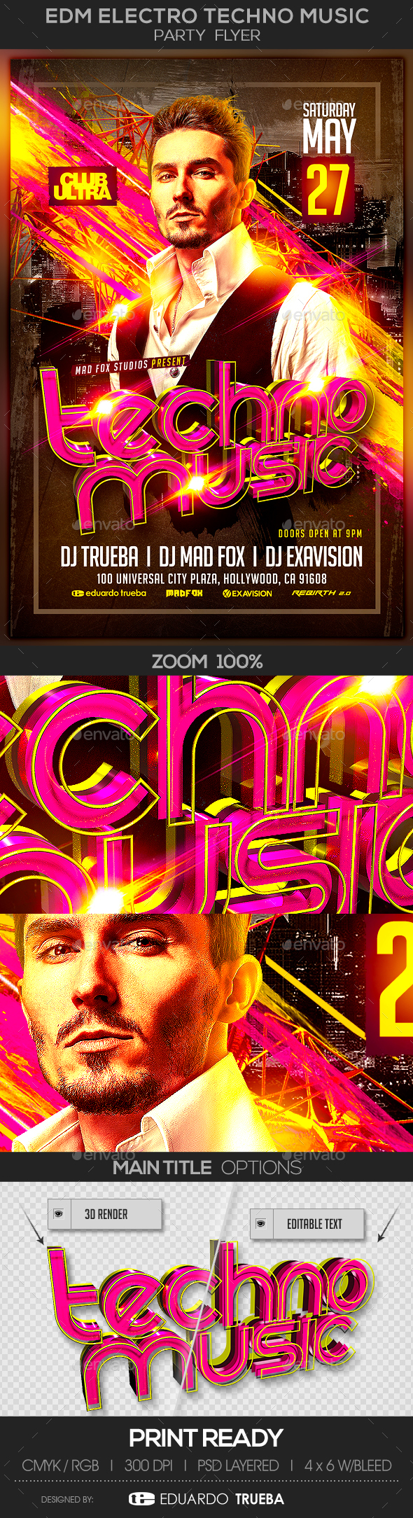 EDM Electro Techno Music Party Flyer - Clubs & Parties Events