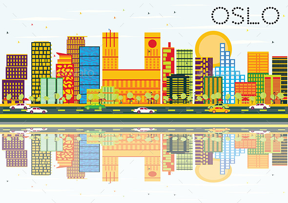 Oslo Skyline with Color Buildings, Blue Sky and Reflections. - Buildings Objects