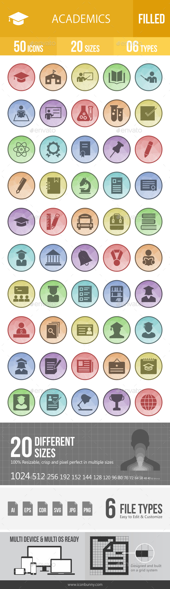 Academics Filled Low Poly B/G Icons - Icons