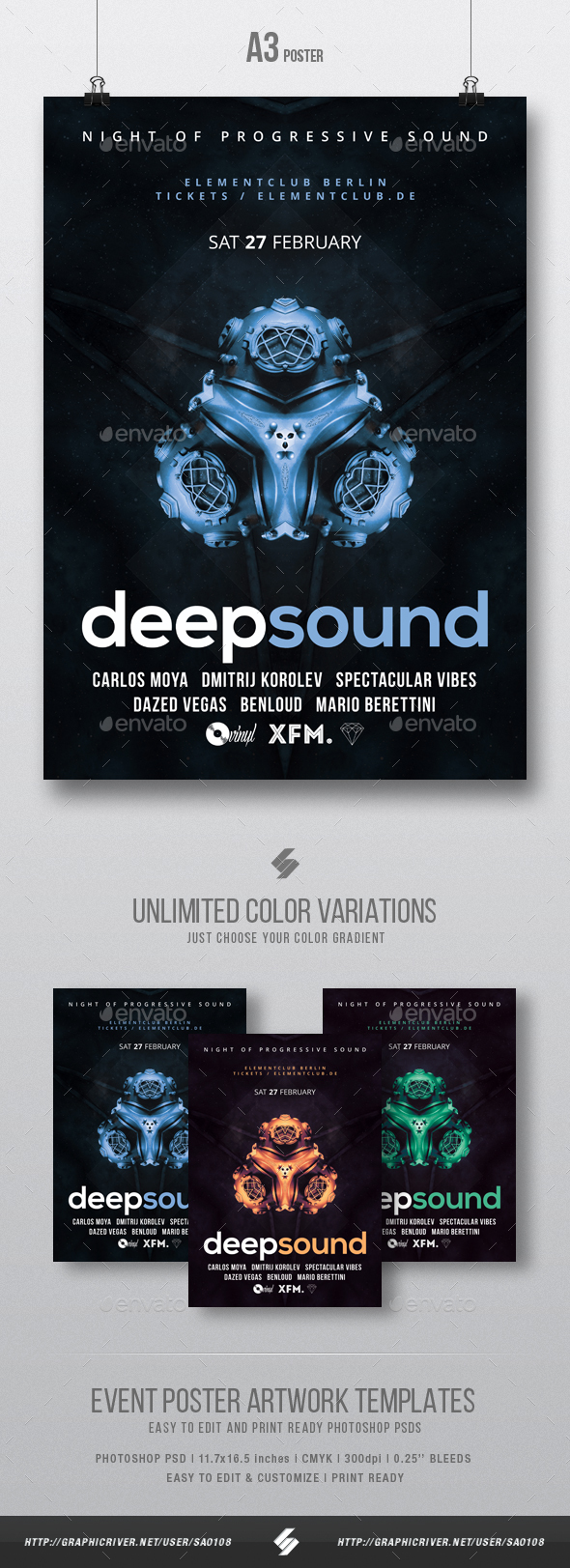 Deep Sound - Progressive Party Flyer / Poster Template A3 - Clubs & Parties Events