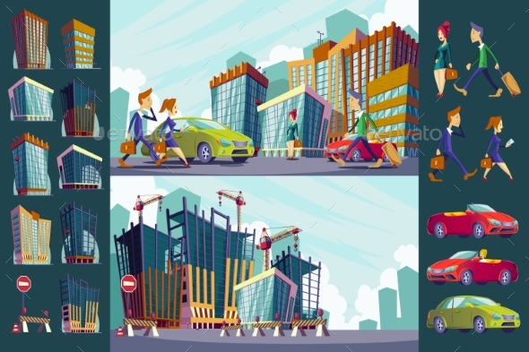 Set Vector Cartoon Illustration of an Urban Large - Buildings Objects