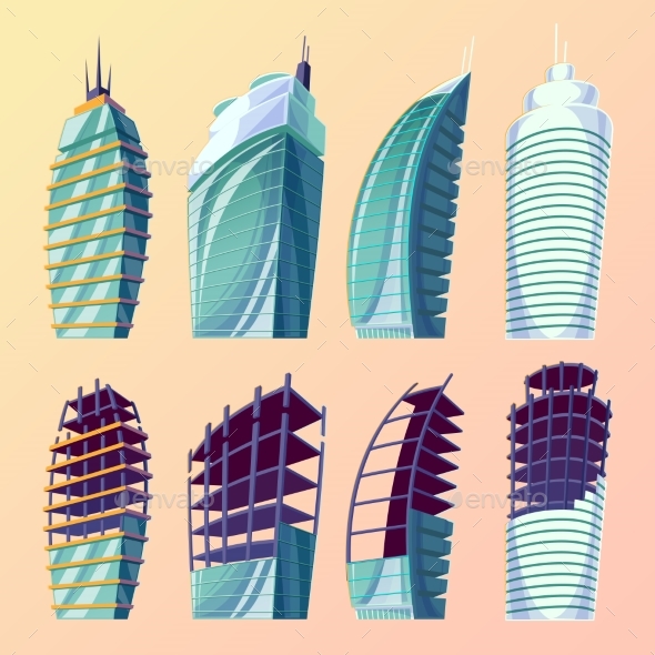 Set Vector Cartoon Illustration of an Abstract - Buildings Objects