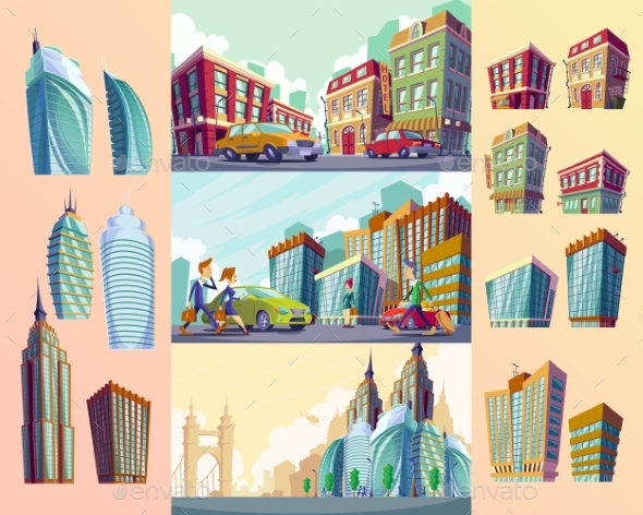 Cartoon Illustrations of an Urban Landscape - Buildings Objects