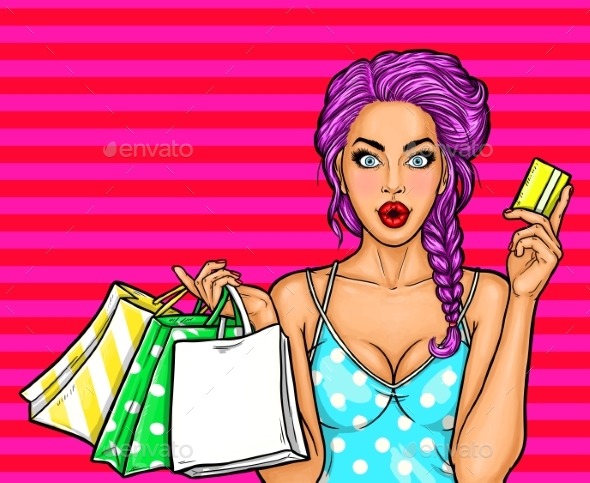 Pop Art Illustration of a Young Girl Shopping - People Characters