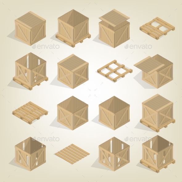 Realistic Wooden Box with Pallet Isometric Vector - Man-made Objects Objects
