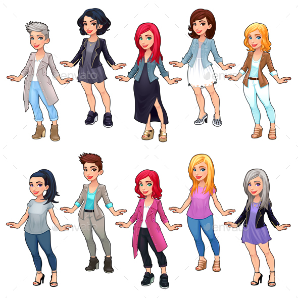 Set of Female Cartoon Fashion Characters - People Characters